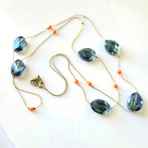Extended Necklace / Glass Beads / Blue on Silvertone